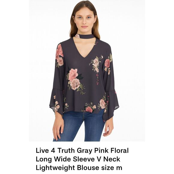 Live 4 Truth Gray Pink Floral Long Wide Sleeve V Neck Lightweight Blouse size m - Picture 2 of 13